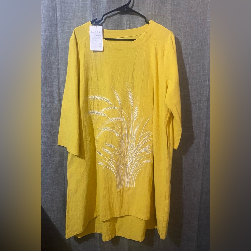 Minibee Women's Embroidered Linen Dress A-Line Sundress Hi Low Tunic Yellow XL